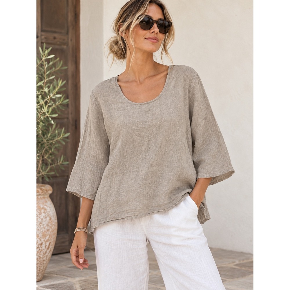 Sartoria Saracena Womens Beige 100% Linen 3/4 Sleeve Top Made in Italy Size L
